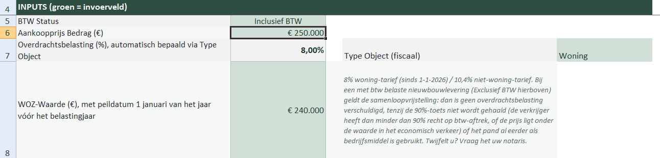 Tabblad 1 van de Rendements Engine: de invoervelden BTW Status, Aankoopprijs en WOZ-waarde, met daarnaast het automatisch bepaalde overdrachtsbelastingtarief van 8,00 procent en de toelichting over de samenloopvrijstelling.